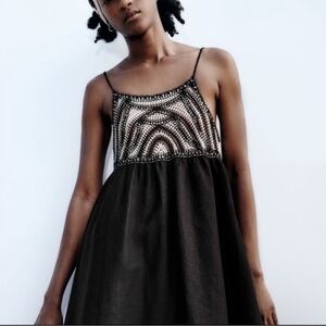 NWT Zara crochet & linen cotton blend women summer dress, black, size S